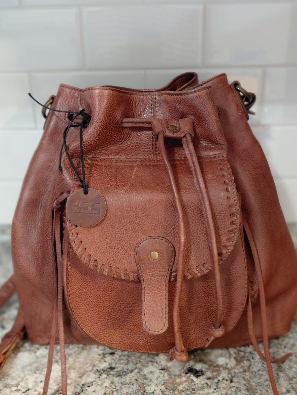 Myra Bag Brown Distressed Leather Mckennon Trail Drawstring Bucket Bag